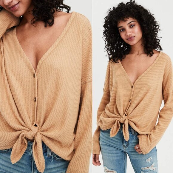 2/$30 American Eagle Outfitters Waffle Knit Button Front Cardigan Sweater Top - Picture 1 of 8